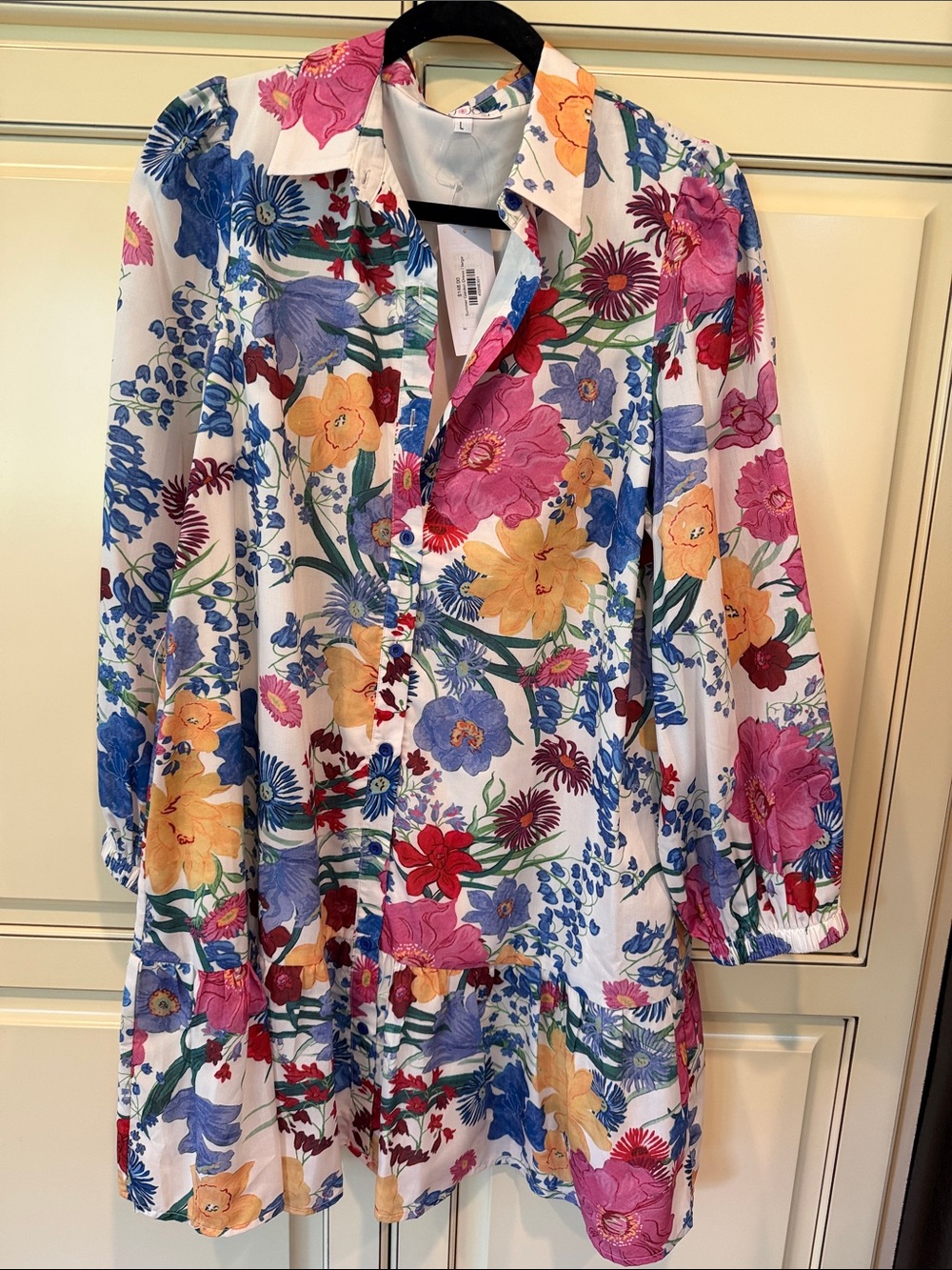 Joy Joy White Floral Button-Front Long Sleeve Tunic Dress